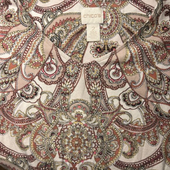 CHICOS Sz 2 VNeck Pink Paisley Stretch Long Sleeve Tee - Picture 2 of 4